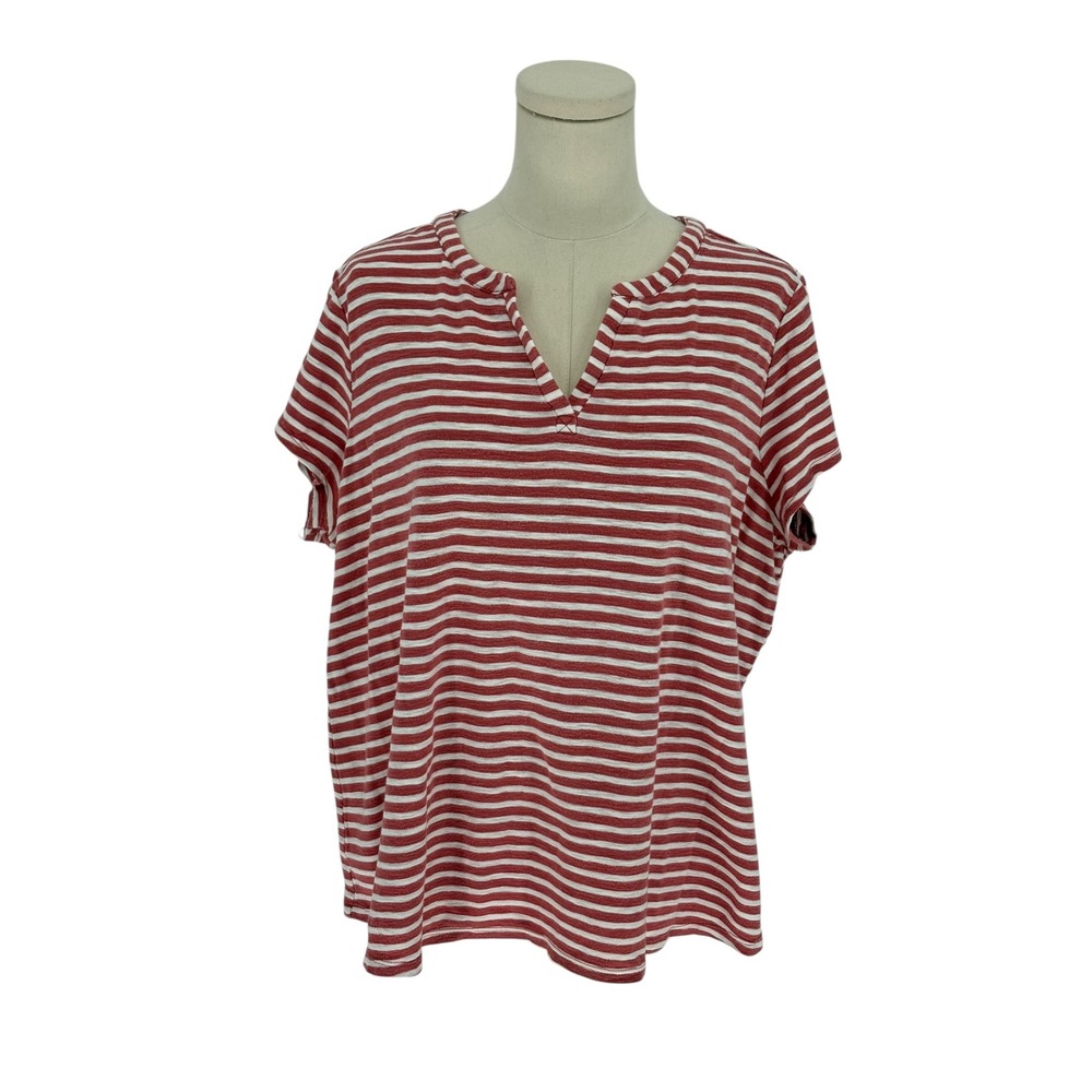 Liz Claiborne Woman Striped Top Red White Split Neck 100% Cotton 0X